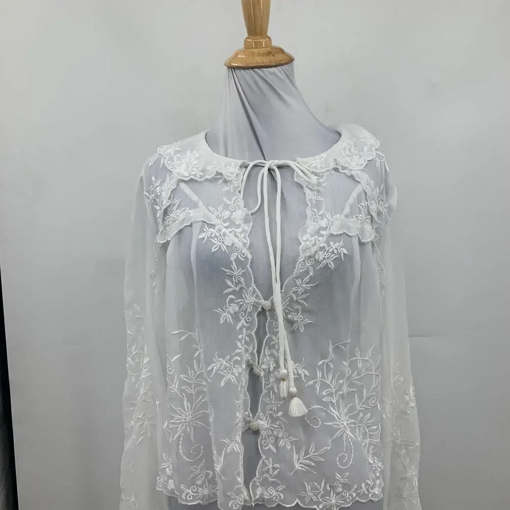 Free People Poncho Cape Womens S Small? White Tie Front Floral Embroidered Sheer